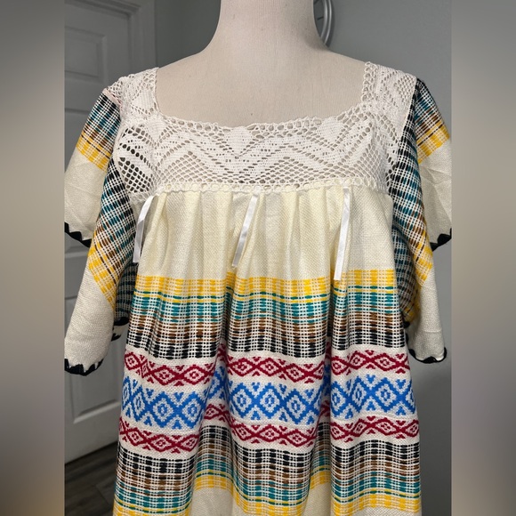 Vintage Mexican Oaxacan Kimono Kaftan Knit Lace Embroidered Boho Maxi Dress - Picture 6 of 14